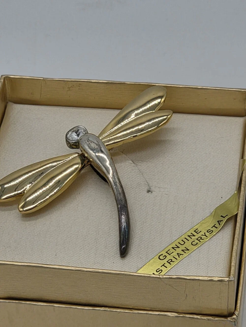 Gold & Silver Dragonfly Brooch with Crystal Accent